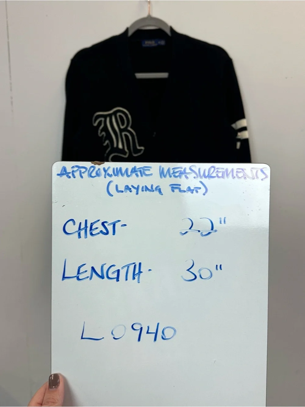 Polo Ralph Lauren Black Varsity-Style Cardigan with White Appliqué